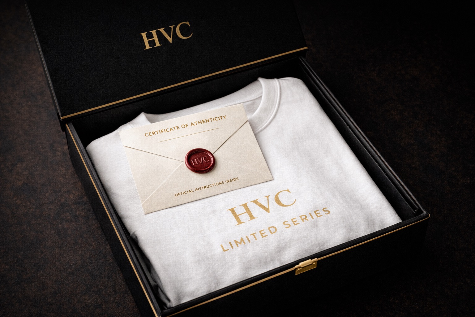 White HVC shirt concept in a black presentation box