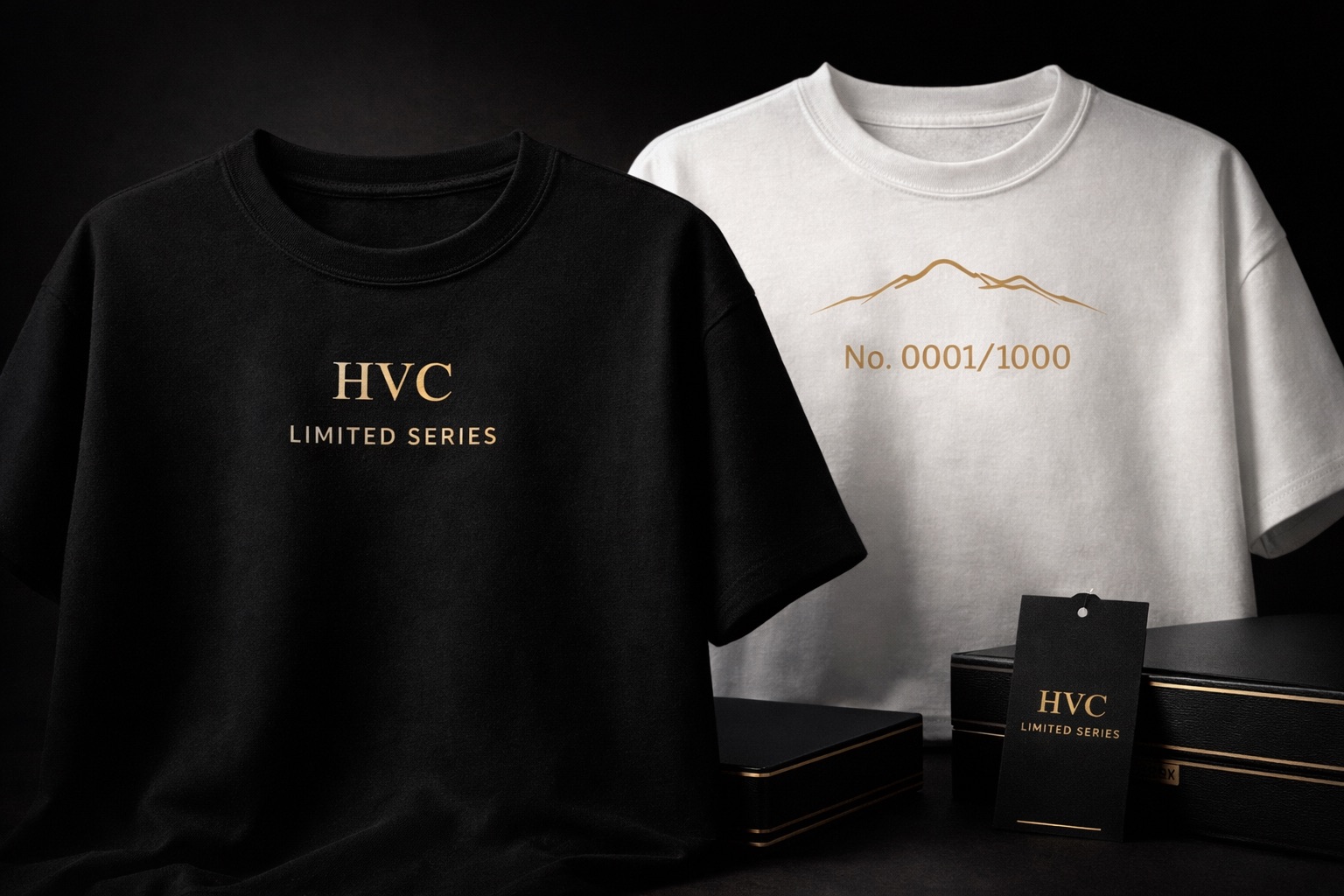 Black and white HVC Limited Series shirt concepts with gold prints